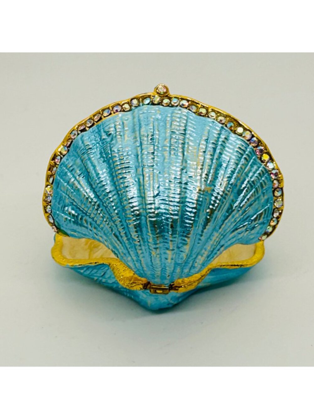 Turquoise Enamel Clamshell Trinket Box With Rhinestones Pearl-Inlaid Interior - Picture 8 of 12
